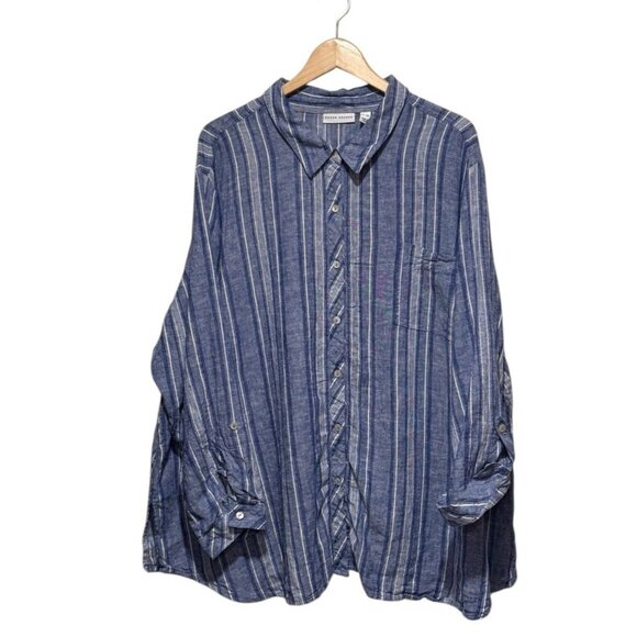 Susan Graver 4XP Linen Blend Women's Blue Striped Roll Tab Shirt Blouse - Picture 1 of 9